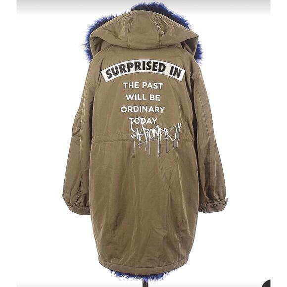 Moussy NoBorder Olive Green Blue Fur Trim Graphic Surprise Heavy Parka  1 S - Picture 1 of 12